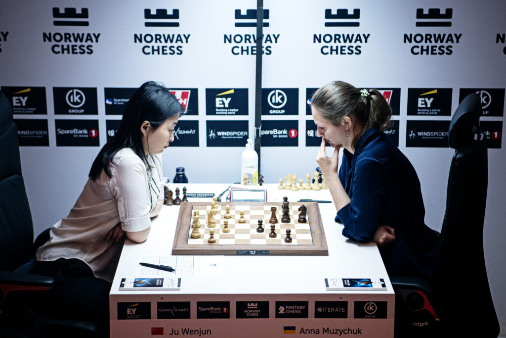 Ju Wenjun and Anna Muzychuck playing at Norway Chess 2024
